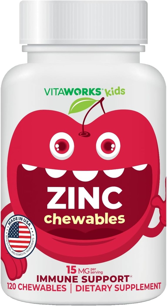 Kids Zinc 15mg Chewable Tablets - Natural Cherry Flavor - Vegan, Vegetarian, GMO-Free, Gluten Free, Nut Free Vitamins - Dietary Supplement for Immune Support - for Children - 120 Chewables