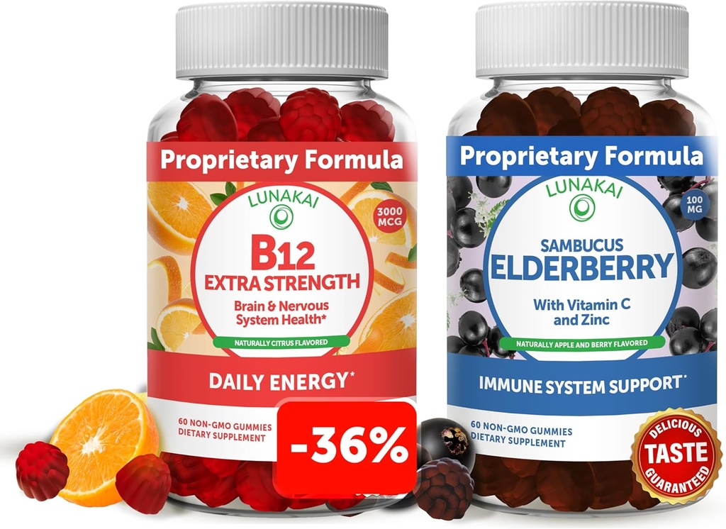Lunakai Vitamin B12 and Elderberry Gummies Bundle - 3000 mcg Gummy for Adults Energy Support and Bone Health - Immune Support Supplement with Zinc and Vitamin C