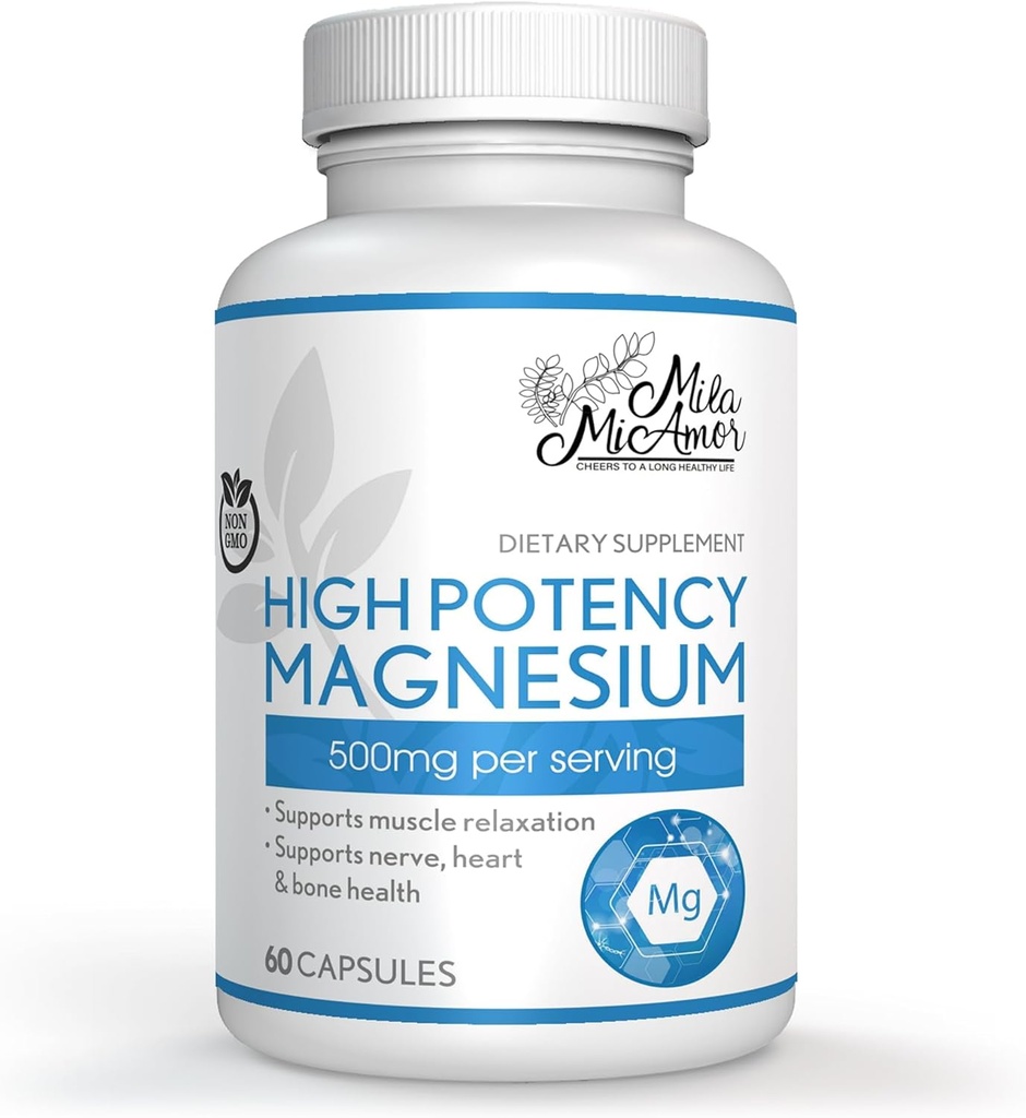 Milamiamor High Potency Magnesium - High Absorption Magnesium Citrate - Whole Body Support - Heart, Nerve and Bone Health - Non-GMO, Vegan & Gluten Free - Made in USA - 500 mg - 60 Capsules