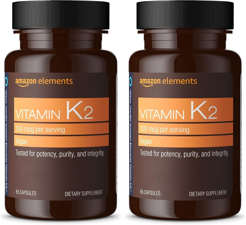 Amazon Elements Vitamin K2 100 mcg, Vegan, 65 Capsules, 2 Month Supply (Packaging May Vary) (Pack of 2)