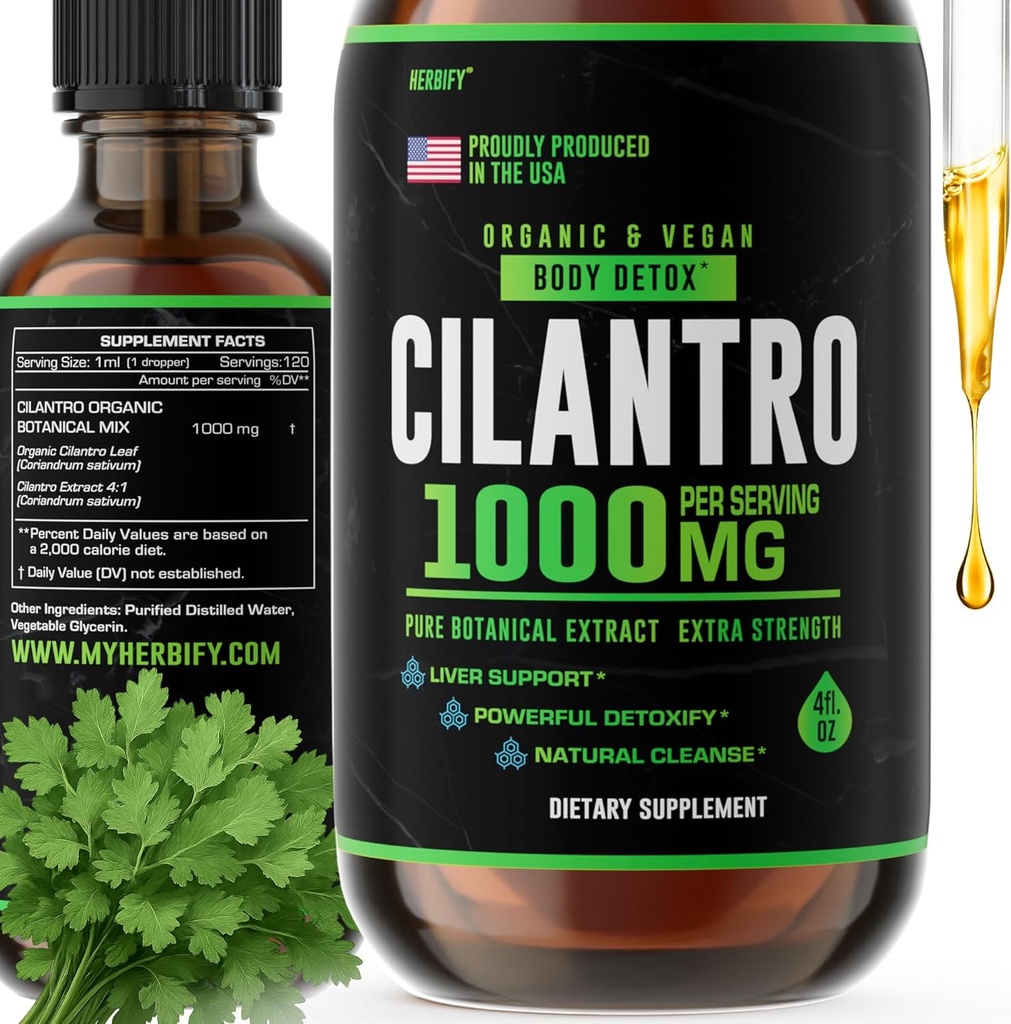 HERBIFY Cilantro Tincture - Herbal Cilantro Supplement for Detox - Rich Source of Antioxidants - Supports Heart and Body Cleanse - Made in USA - Cilantro Extract 4 Fl Oz