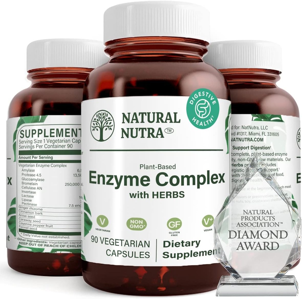 Natural Nutra Plant Based Digestive Enzyme Complex with Herbs, Better Digestion and Improve Nutritional Absorption, Provides Natural Gas Comfort, Helps Prevent Bloating, 90 Vegan Capsules
