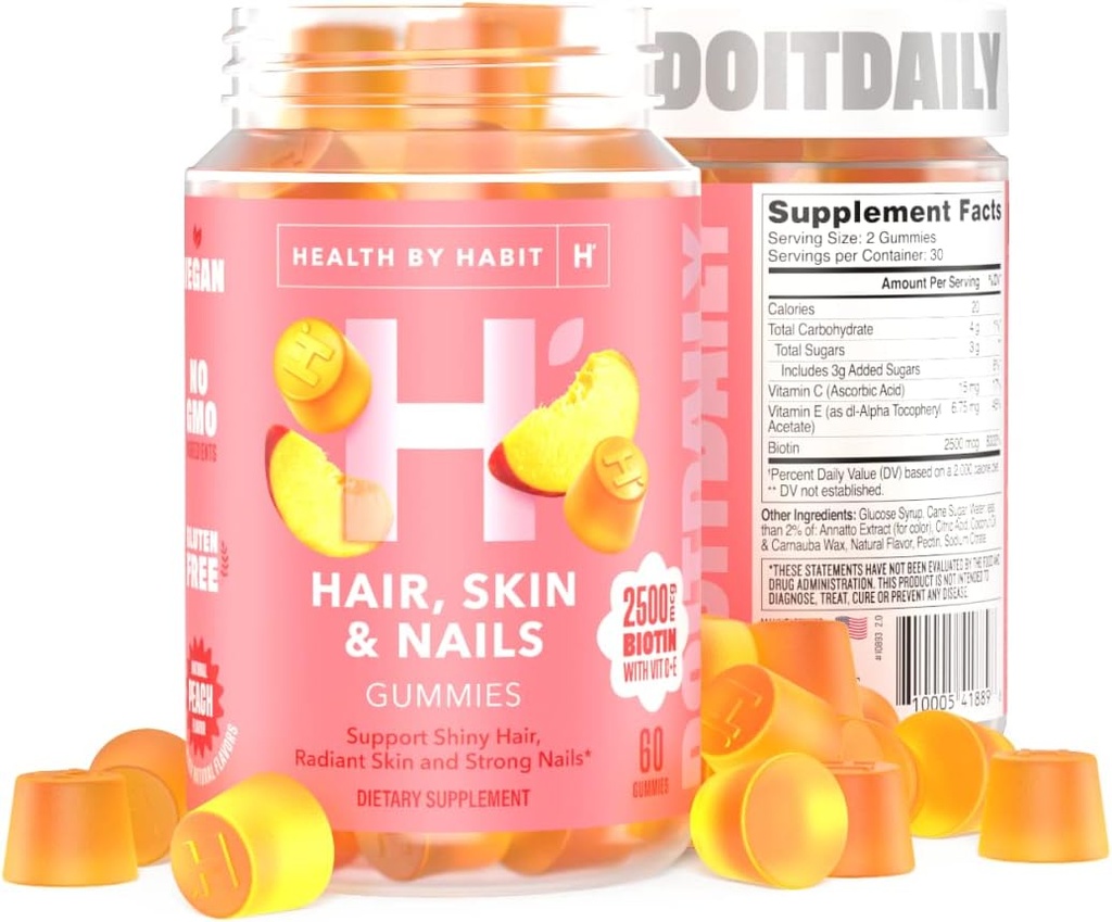 Health by Habit Hair, Skin and Nails Supplement (60 Gummies) - 2500mcg Biotin, Vitamin C, Vitamin E, Strong Nails, Peach Flavor, Vegan, Gluten Free, Non-GMO