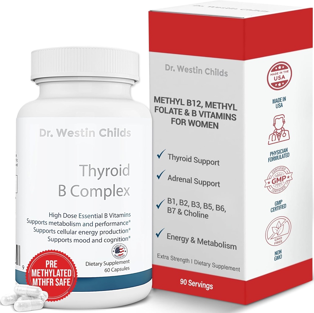 Dr. Westin Childs Thyroid B Complex - Vitamin Capsules for Women, Methylated Supplement, Methylfolate, B12 Methylcobalamin, B1, B2, B3, B5, B6, B7 to Support MTHFR, Energy, Focus & Thyroid | 60 Count