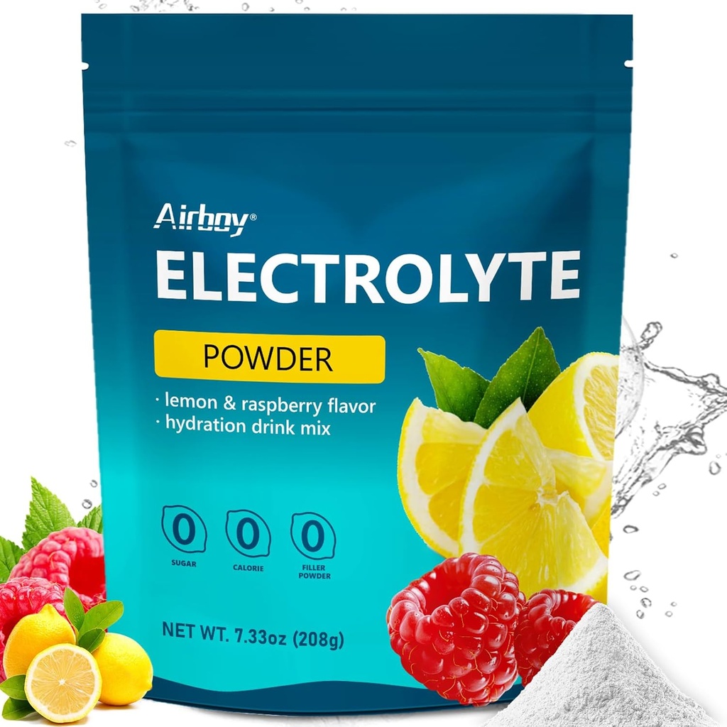 Airboy Electrolytes Powder No Sugar, Keto Electrolyte Mix, 1000 mg of Potassium, Low Sodium, Lemon Raspberry Flavor Hydration Drink Supplement for Dehydration Relief and Rehydration, 32Servings