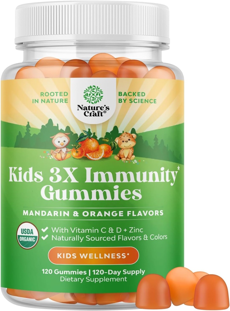 Natures Craft Organic Kids Immune Support Gummies - Vegan Organic Vitamin D Gummies for Kids with Vitamin C and Zinc for Immunity - D3 Zinc and C Gluten Free & Non GMO (120 Servings)