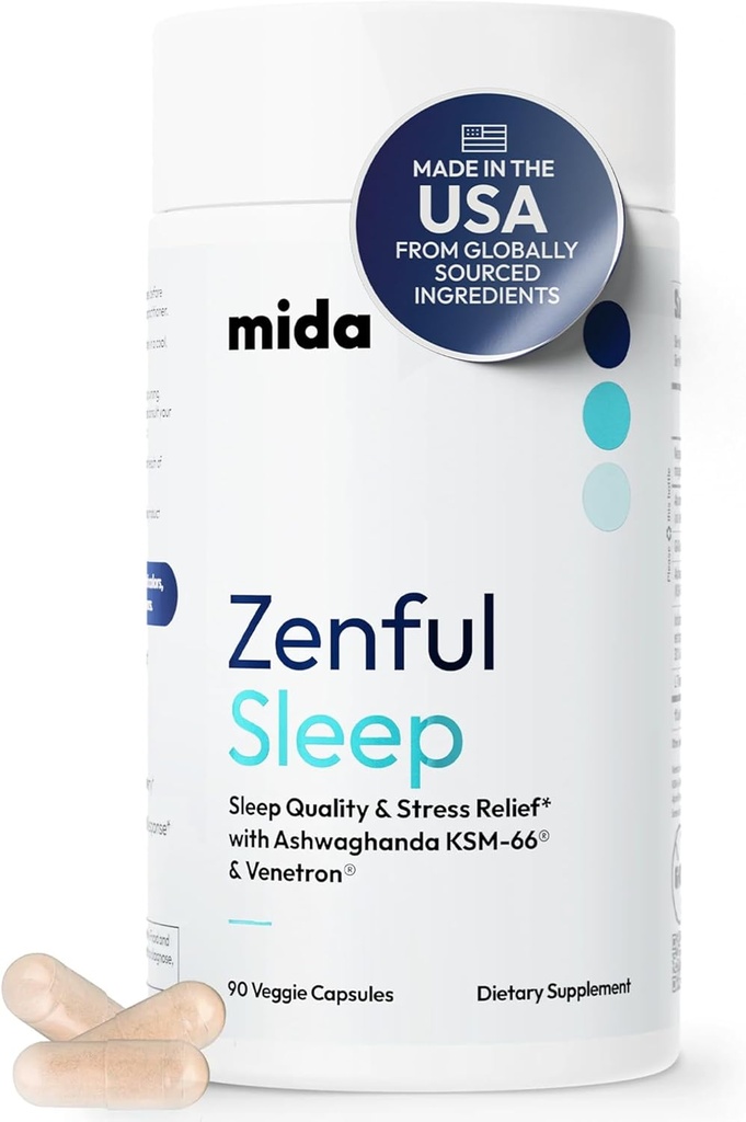 Mida Health® Zenful Sleep 6-in-1 Natural Sleep Aid for Adults Without Melatonin | Deep Sleep Supplement with Ashwagandha KSM-66® and Venetron® | Supports Cortisol Balance | 90 Capsules