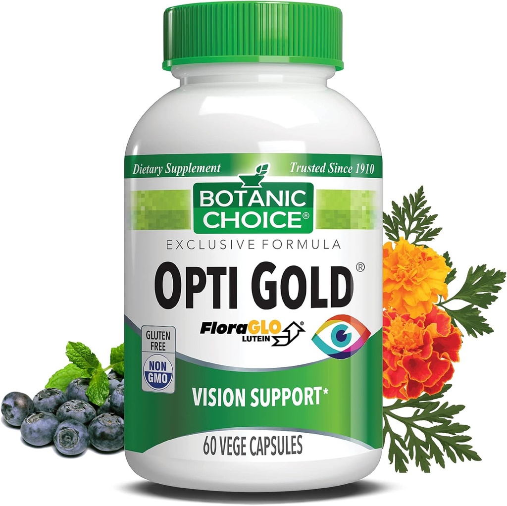 Botanic Choice Opti Gold - Premium Vision Eye Health Support Supplement with Six Powerful Nutrients - 15 mg Patented Highly Abosorbable FloraGlo Lutein Alpha Lipoic Acid - 60 Capsules