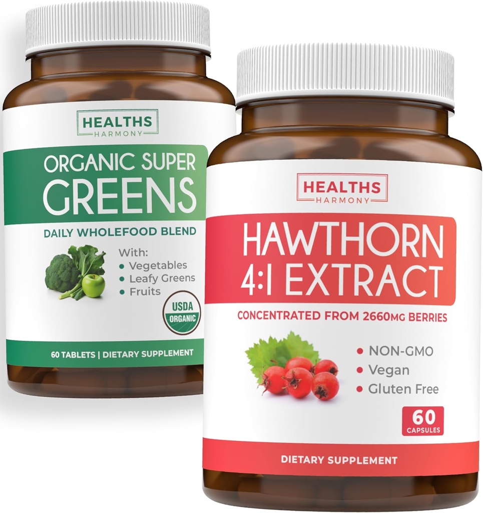 Super Greens & Hawthorn Extract (1-Month Supply) Greens & Hawthorn Bundle of Organic Super Greens Powder - Complete Superfood & Hawthorn Berry 4:1 Extract - High Strength Extract (60 Capsules)