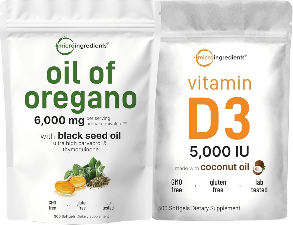 Micro Ingredients Oil of Oregano Softgels 6,000mg Per Serving & Vitamin D3 5,000 IU Bundle Pack | 4X Strength Carvacrol & Thymoquinon | Vitamin D as Cholecalciferol