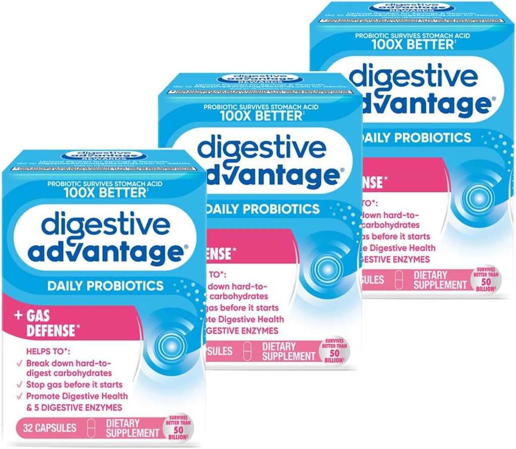 Digestive Advantage Fast Acting Enzymes + Daily Probiotic Prevent Gas & Break Down Food Particles 32 Count Capsules (3 Pack)