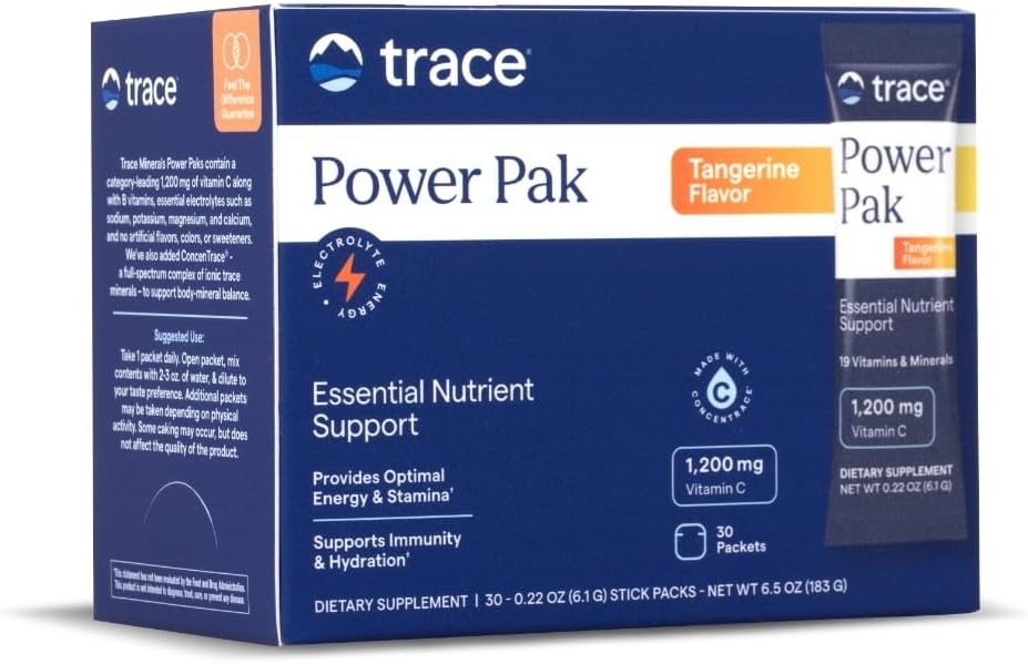 Trace Minerals Power Pak Multivitamin and Multimineral Packets - Electrolyte Support - 1200 mg Vitamin C Plus 70 Tangerine Flavor - 30 Packets
