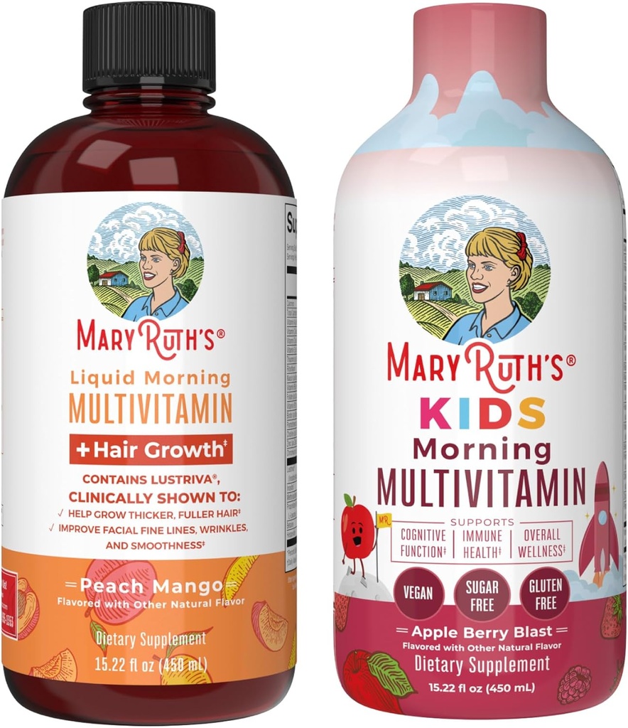 MaryRuth Organics Liquid Morning Multivitamins for Kids (Apple Berry) & Hair Growth (Peach Mango) | Clean Label Project Verified® | Vitamins for Hair, Skin, and Overall Wellness | Vegan, Non-G