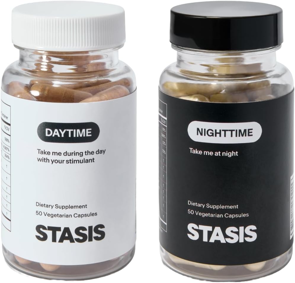 Stasis Day & Night Set - Energy & Focus Supplements + Calm & Sleep Capsules to Pair with Your Stimulant - Promote Natural Energy Without Jitters & Harness Magnesium for Sleep (25 Servings)