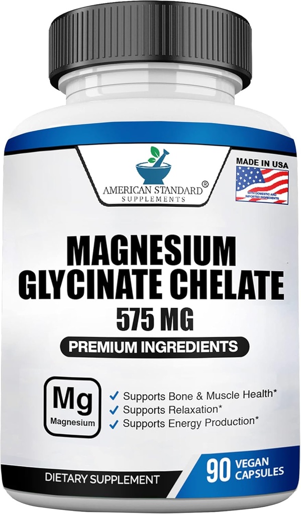 American Standard Supplements Magnesium Glycinate 575mg per Serving, 90 Veggie Capsules, Magnesium Supplement for Bone & Muscle Health, Chelated for Maximum Absorption