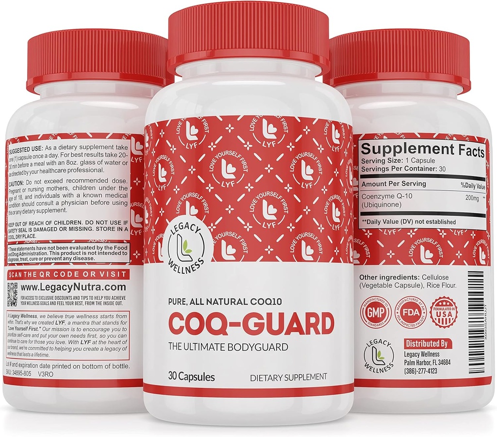 Legacy Wellness CoQ-GUARD CoQ10 200mg - Natural High Potency CoQ10 Supplement for Energy, Heart, Antioxidant & Cellular Support - High Potency Co Q 10 Ubiquinone for Overall Wellness - Non-GMO 30 Caps