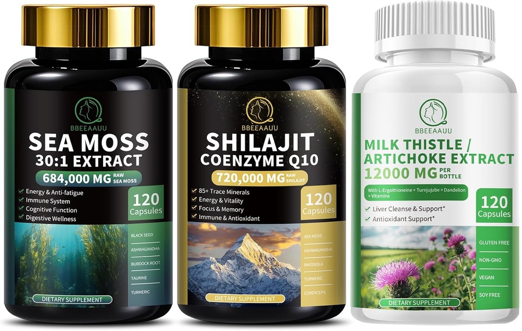 Sea Moss and Shilajit Bundle, Milk Thistle Capsules for Liver Cleanse Detox & Repair, Energy, Antioxidant, Immune Support