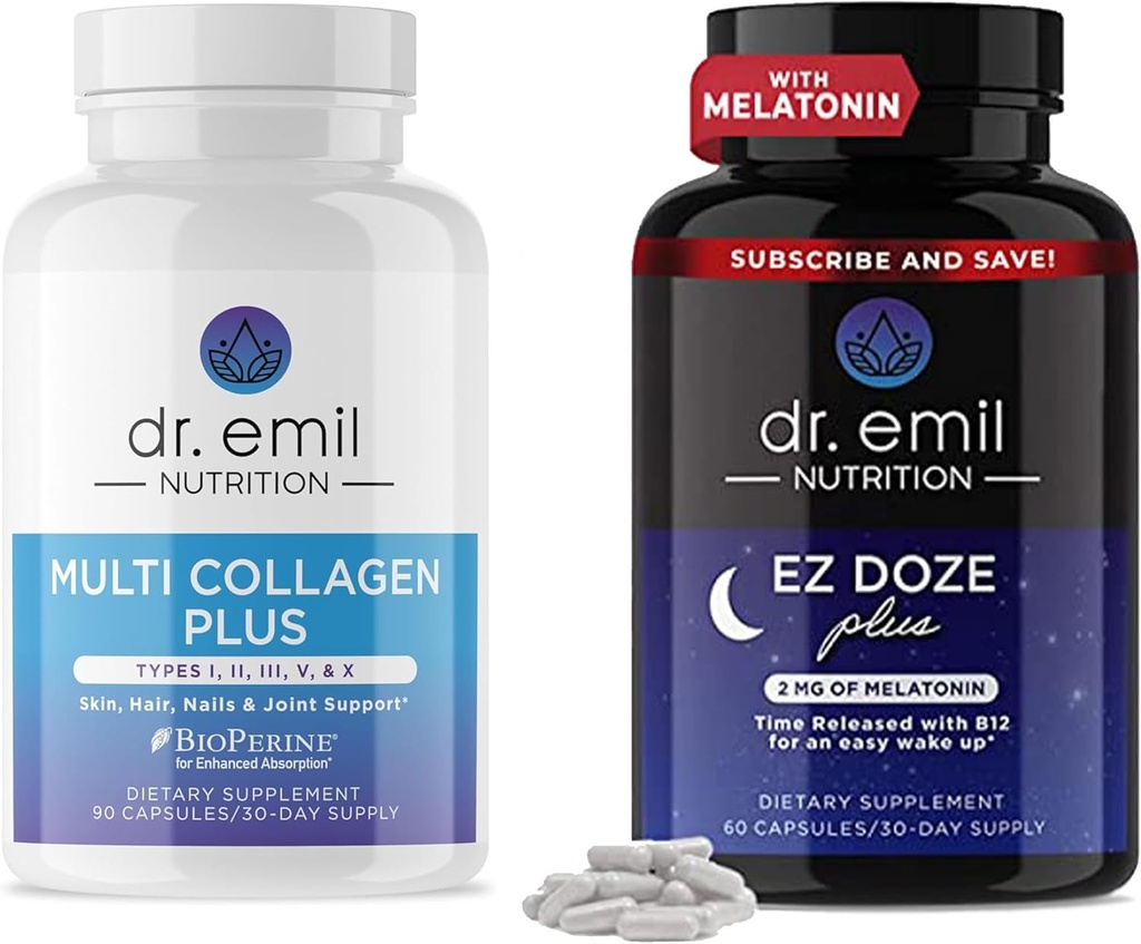 DR. EMIL NUTRITION Multi Collagen Plus Sleep Bundle - Collagen Peptide Pills & EZ Doze Plus Sleep Aid with Melatonin GABA & 5HTP