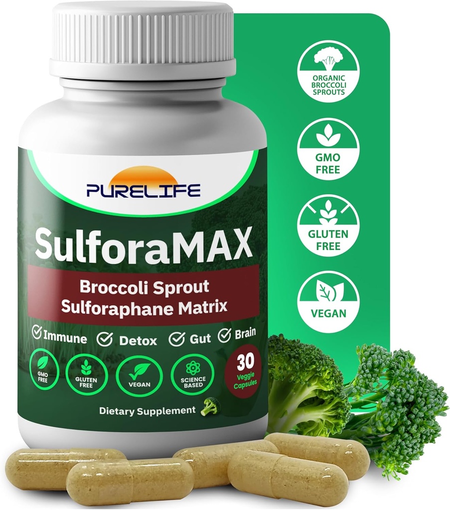 SulforaMAX (30 Capsules) - Sulforaphane Broccoli Immunity Supplement - Immune Support, Heart, Liver, Brain Health - Vegan, Vegetarian, Non-GMO, 10,000 MCG Sulforaphane