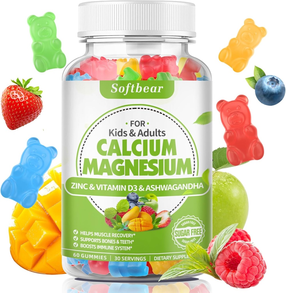 softbear Calcium Magnesium Zinc Gummies for Women, Calcium Magnesium Supplement with Vitamin D3 for Bone Strength, Vegan, Sugar-Free, Mixed Fruit Flavor 60 Count