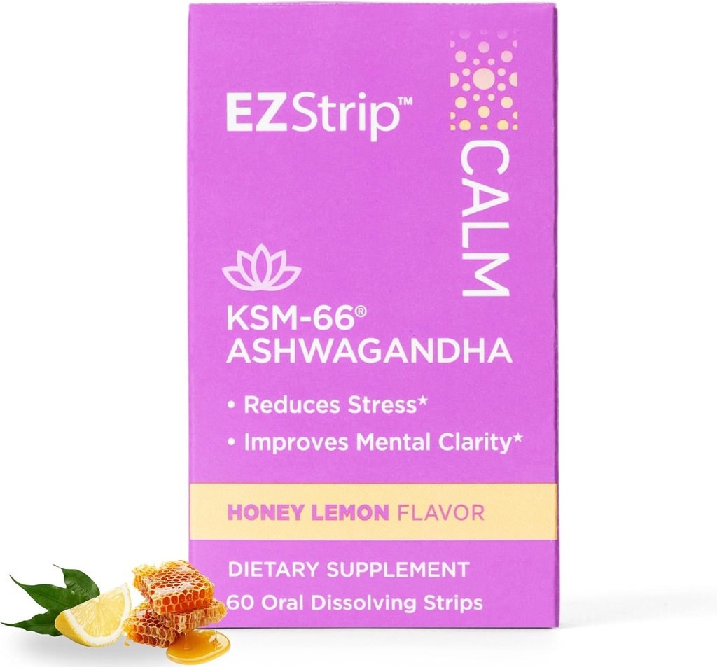 Calm – KSM-66 Ashwagandha Oral Strips. Stress Relief and Focus Supplement. Honey Lemon Flavor. Sugar Free, Gluten Free, Allergen Free, Non-GMO. Made in USA in an FDA-Registered Facility. 60 Pk