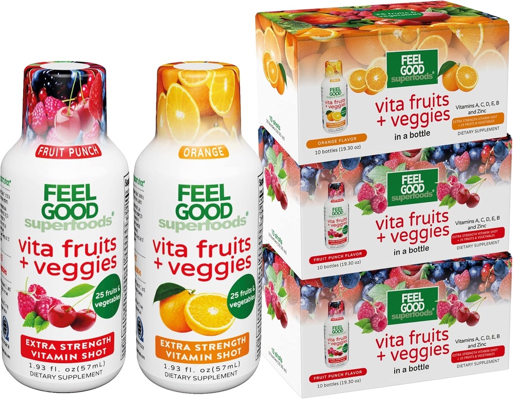 FeelGood Superfoods Vita Fruits and Veggies Immune Support Shot Supplements, 25 Organic Fruits and Veggies, Ready to Drink Immunity Booster, 10 Orange and 20 Fruit Punch, Combo Pack of 30