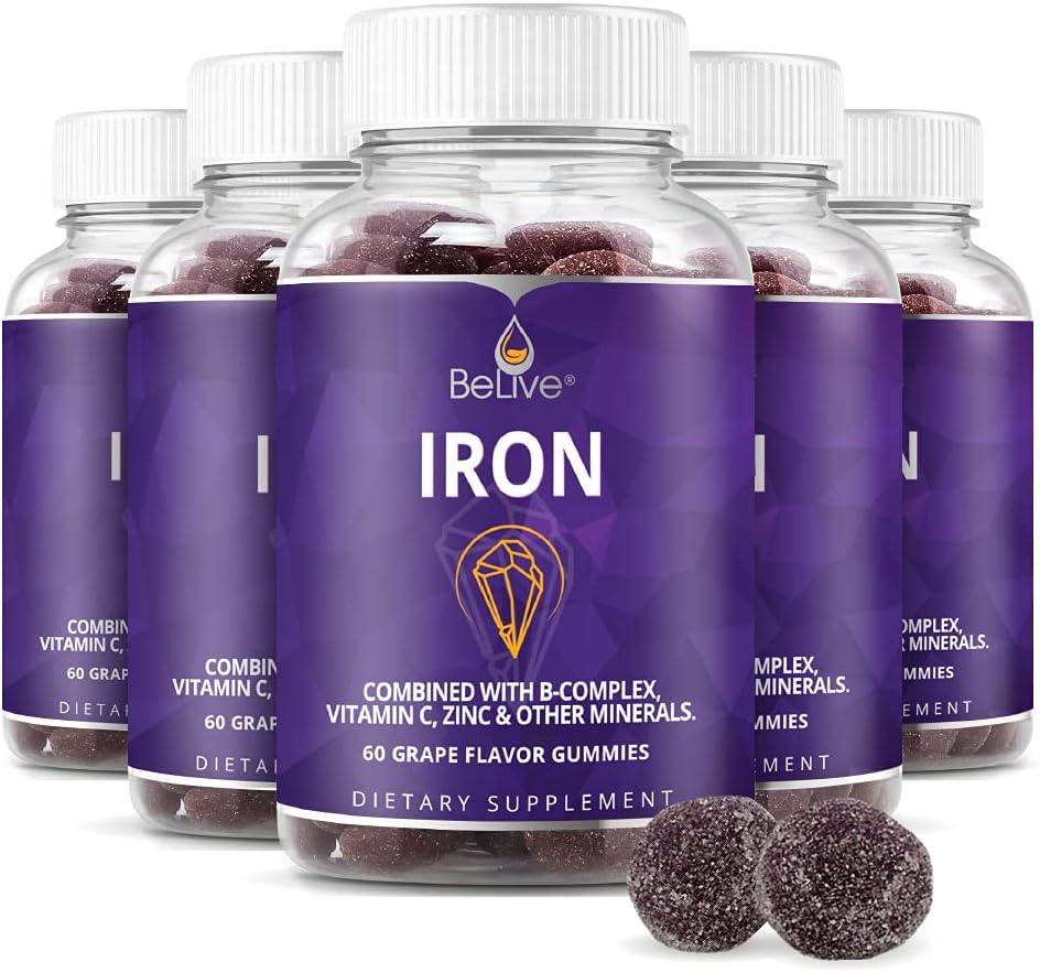 BeLive Iron Gummies - Multivitamin Iron Supplement with Vitamin C, A, B & Zinc, Supports Blood Oxygen, Vegan Supplements for Women, Men & Kids for Growth and Development - Grape Flavor | 5-Pack