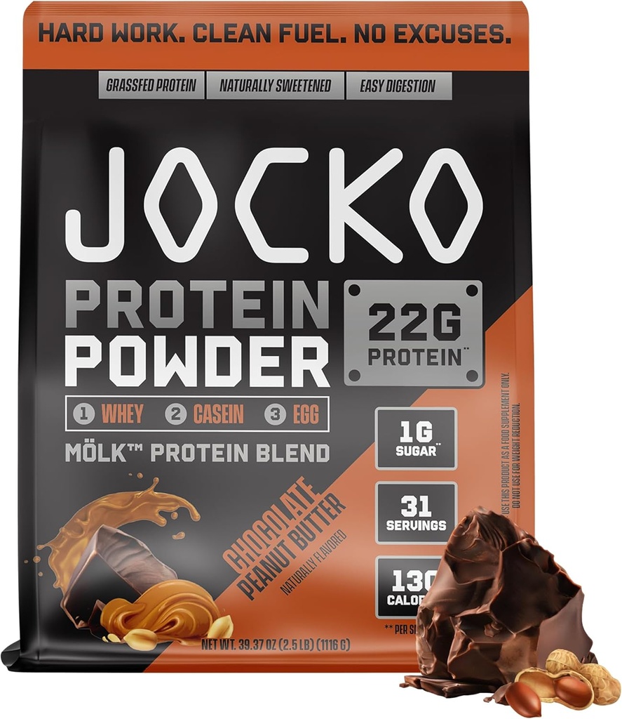 Jocko Fuel Mölk Whey Protein Powder 22g Low Sugar Monk Fruit Blend - Muscle Recovery & Growth, Packaging May Vary (31 Servings, Chocolate Peanut Butter)