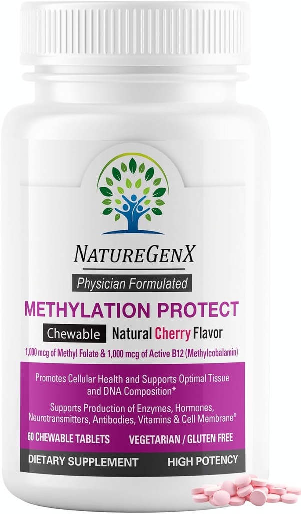 Methylation Protect - Methyl B12 with Methylfolate for MTHFR Support Supplement, Natural Cherry Methylated Vitamins B-12 Plus 5-mthf, Gluten-Free(60 Tablet)