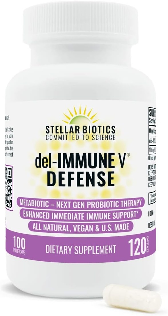 Del-Immune V® Defense by Stellar Biotics, All-Natural Immune Support & Gut Health (+) Immediate Care, Metabiotic: NextGen Probiotic Therapy (120 Caps)