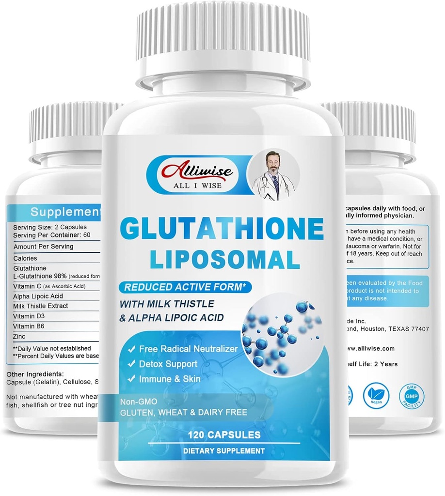 Liposomal Glutathione 1000mg, Glutathione Supplement with Milk Thistle 200mg, Alpha Lipoic Acid 300mg & Vitamin C 500mg, Immune Health Support, Liver Support, Skin Support