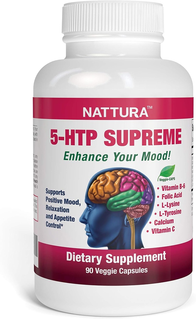 Nattura 5-HTP Supreme - for Positive Mood, Relaxation and Appetite Control - with 5-HTP, L-Tyrosine, L-Lysine, Vitamin B6, Folate (Folic Acid), Vitamin C (Ascorbic Acid), Calcium - 90 Capsules