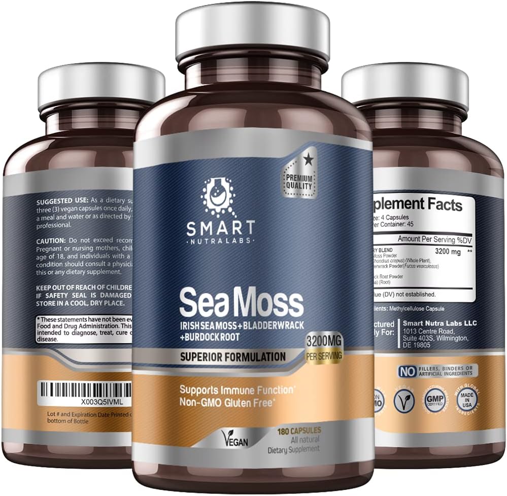 Smart Nutra Labs Organic Sea Moss 3200MG Per Serving- 180 Vegan Capsules- Irish Sea Moss, Bladderwrack and Burdock Root- Premium Quality Supplement for Immune Support and Overall Health
