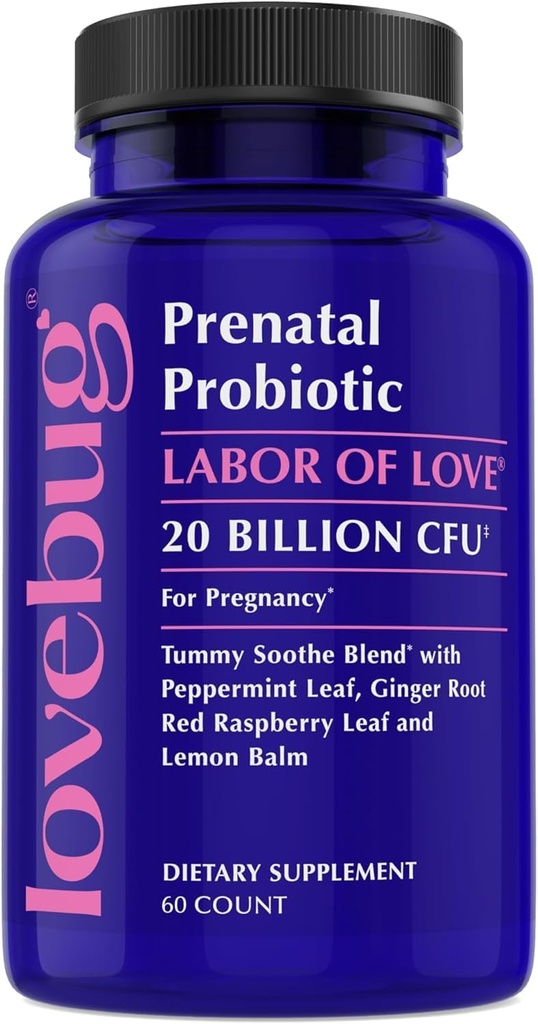 LOVEBUG Prenatal Probiotic Supplement - 7 Probiotics & Prenatal Vitamins for Women, 20 Billion CFU, with Soothing Peppermint, Ginger, Raspberry Leaf and Lemon Balm. 60 Capsules