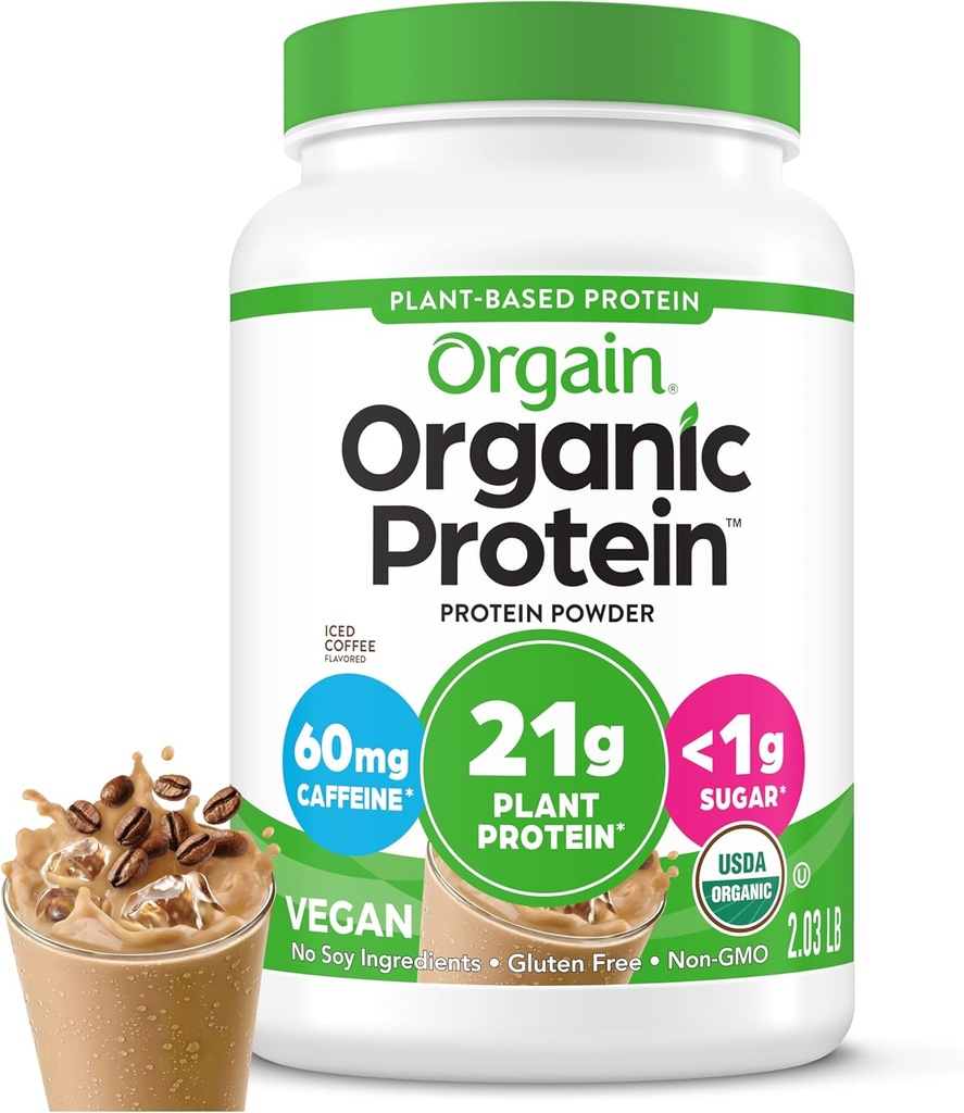 Orgain Organic Vegan Protein Powder, Iced Coffee - 21g Plant Protein, 60mg of Caffeine, Low Net Carb, No Lactose Ingredients, No Added Sugar, Non-GMO, For Shakes & Smoothies, 2.03 lb