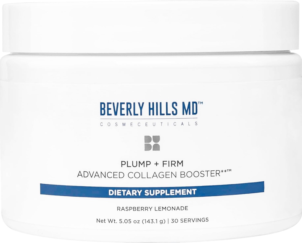 Beverly Hills MD Plump + Firm Advanced Collagen Booster for Aging Skin- Nutrient Powder Drink Mix Formula for Plumper, Firmer, Skin w/Collagen Peptides, Polyphenols, Ceramides (Raspberry Lemonade)