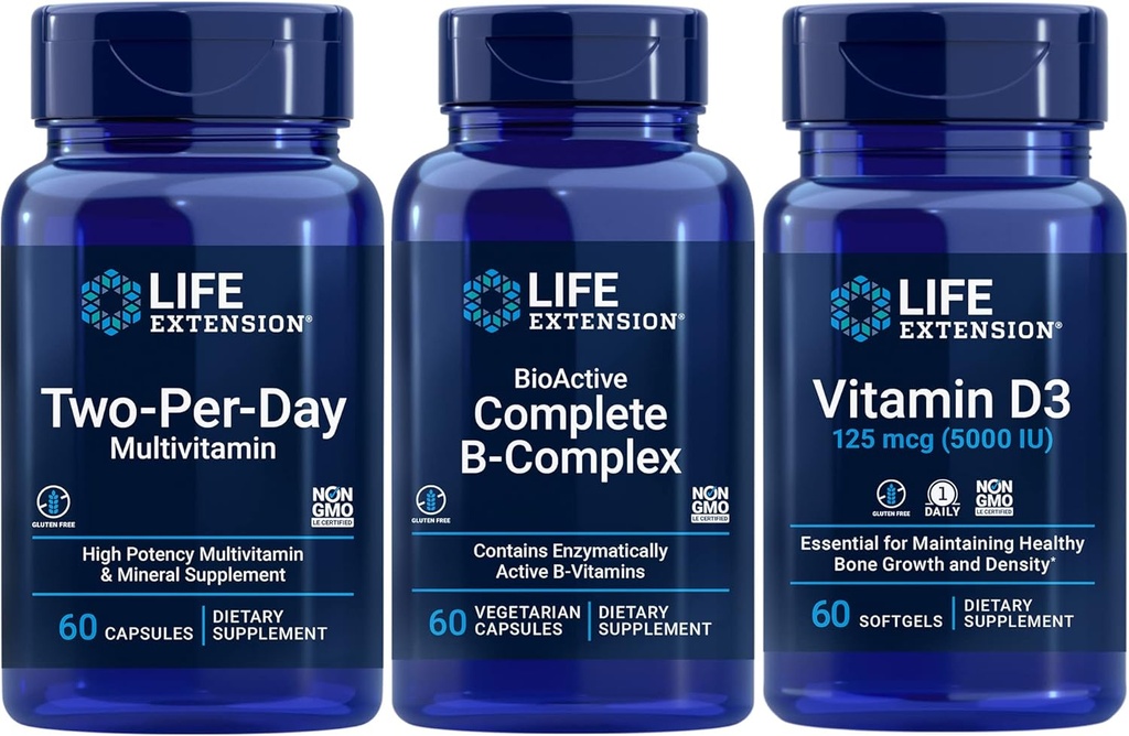 Life Extension Two-Per-Day Multivitamin, 60 capsules | BioActive Complete B-Complex, 60 capsules | Vitamin D3 125 mcg (5000 IU), 60 softgels | Bone & immune health, energy and metabolism support