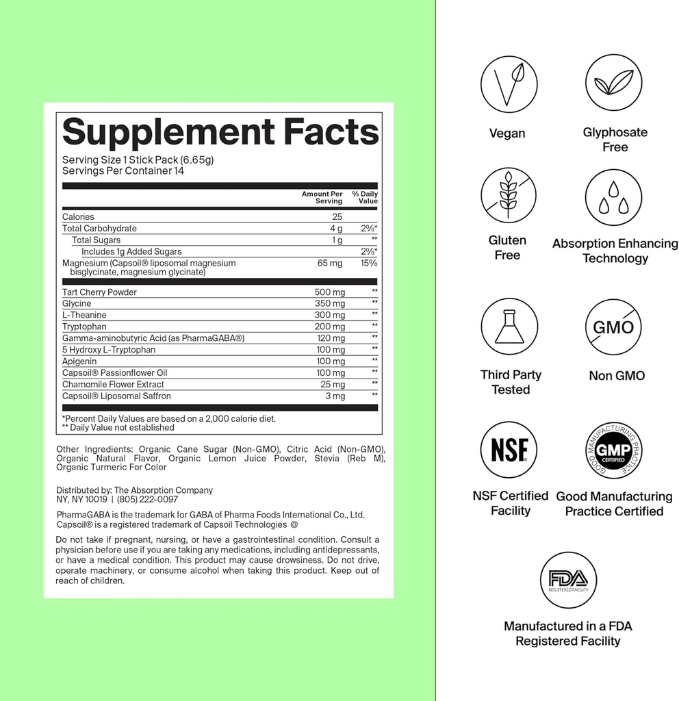 Sleep Aid Powder - Calming Drink for Deep Sleep with Liposomal Saffron, Magnesium & PharmaGABA Melatonin-Free Natural Supplement to Reduce Stress and Improve Sleep Quality Chamomile Lemonade 7 Sticks