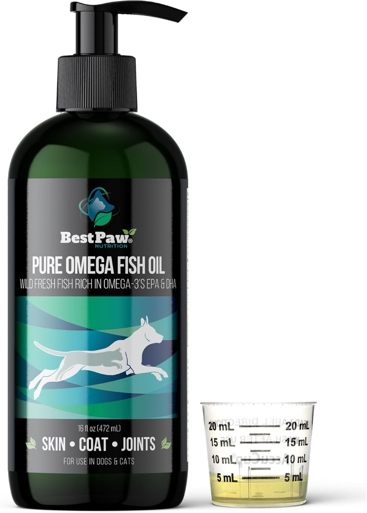 Best Paw Nutrition - Pure Omega Fish Oil for Dogs, Cats & Ferrets - Liquid Supplement for Joint Pain Relief - Soft Skin & Shiny Coat - Omega 3 Fish Oil Pets Love - 16oz