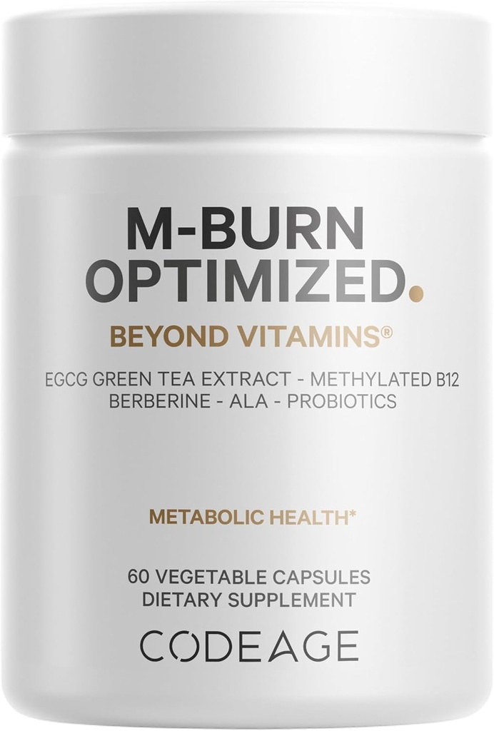 Codeage M-Burn Optimized Supplement - Decaffeinated Green Tea Std. to 50% EGCG, Berberine, Akkermansia, Vitamin B12 - Probiotics - Vitamins - 60 Capsules
