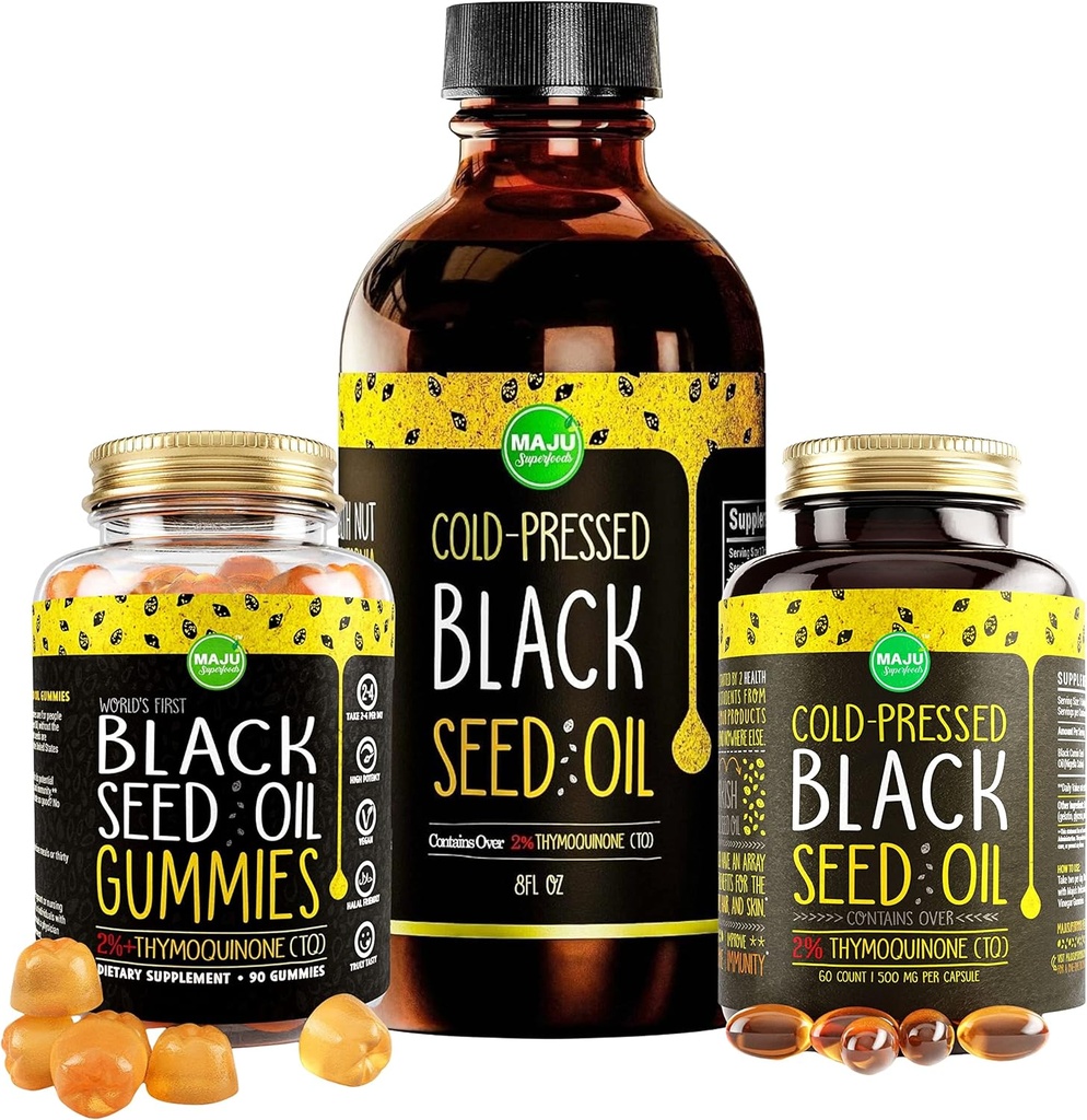 Maju Superfoods Black Seed Oil 3-in-1 Bundle, Gummies, Capsules, & Liquid