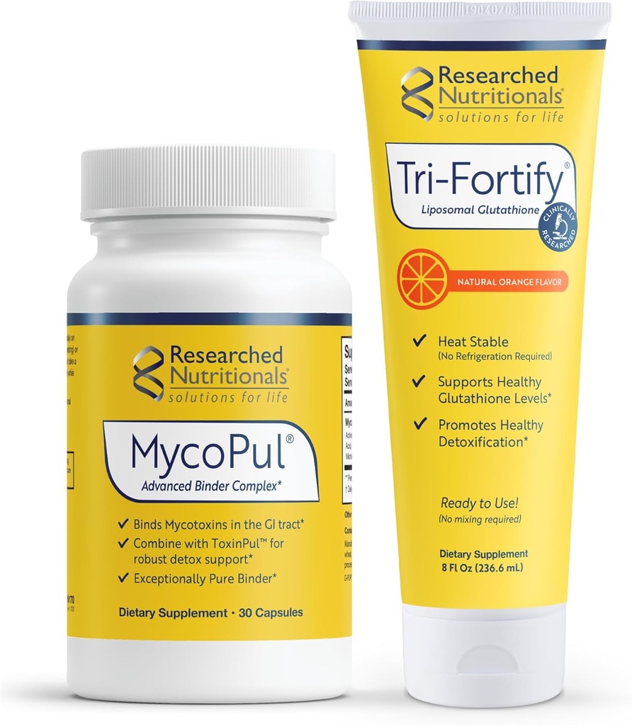Researched Nutritionals Mold Detox Duo - MycoPul Advanced Toxin Binder (30 Capsules) & Tri-Fortify Liposomal Glutathione (8 Oz) - 2 Products Made to Support Removal of Mycotoxins