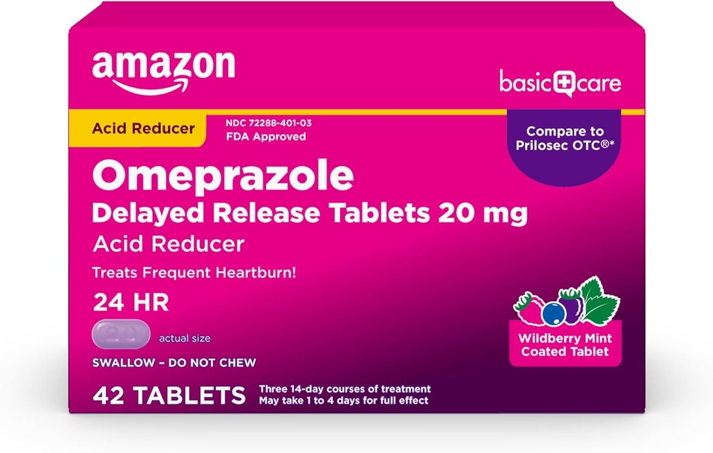 Amazon Basic Care Omeprazole Delayed Release Tablets 20 mg, Acid Reducer, Wildberry Mint Coated Tablet, Heartburn Medicine, 42 Count