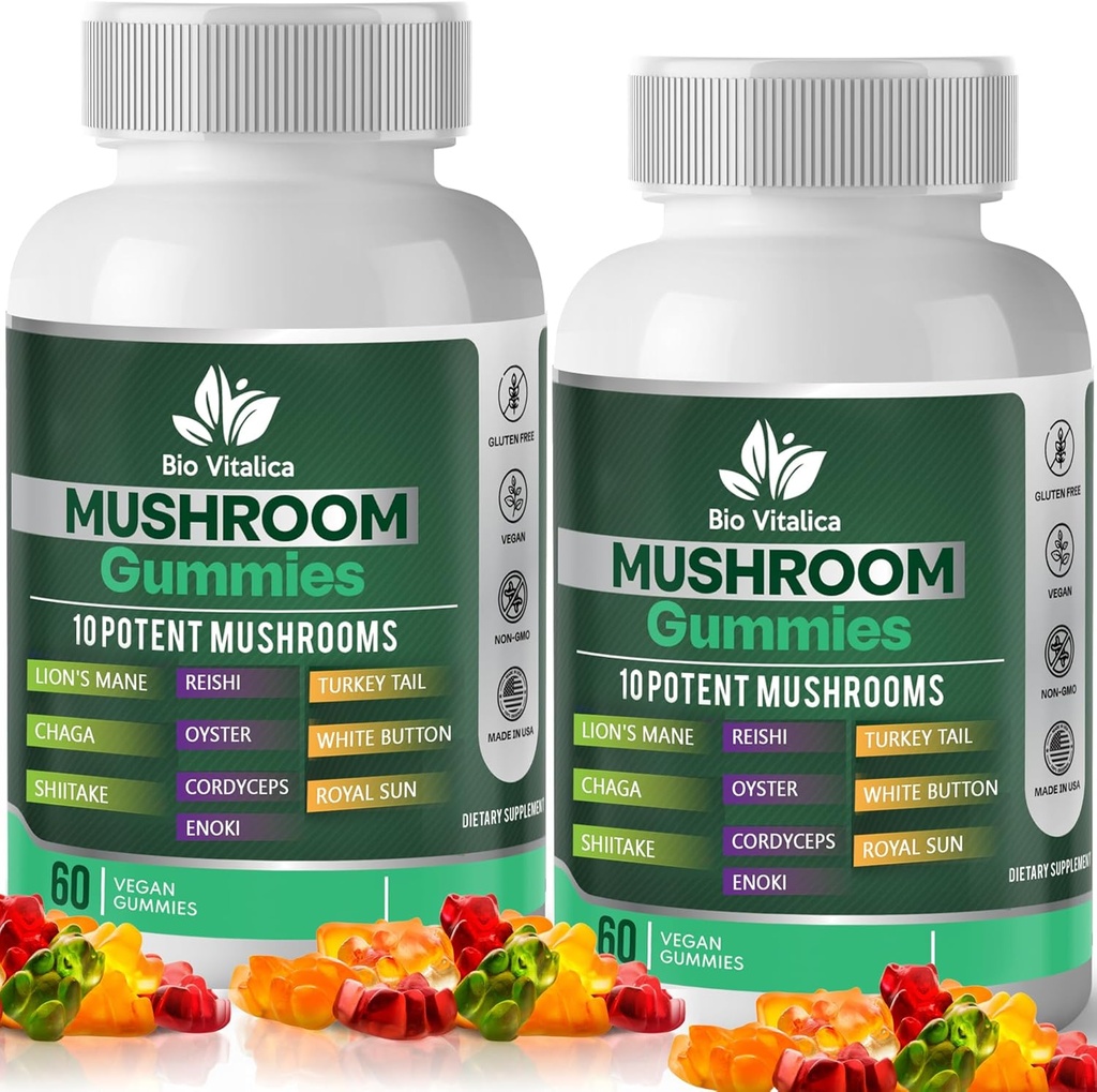 Mushroom Gummies – 10 Mushroom Complex with Lion’s Mane, Reishi, Chaga, Cordyceps & More – Fruity Vegan Gummies – Non-GMO, Gluten-Free, Plant-Based – 2 Packs