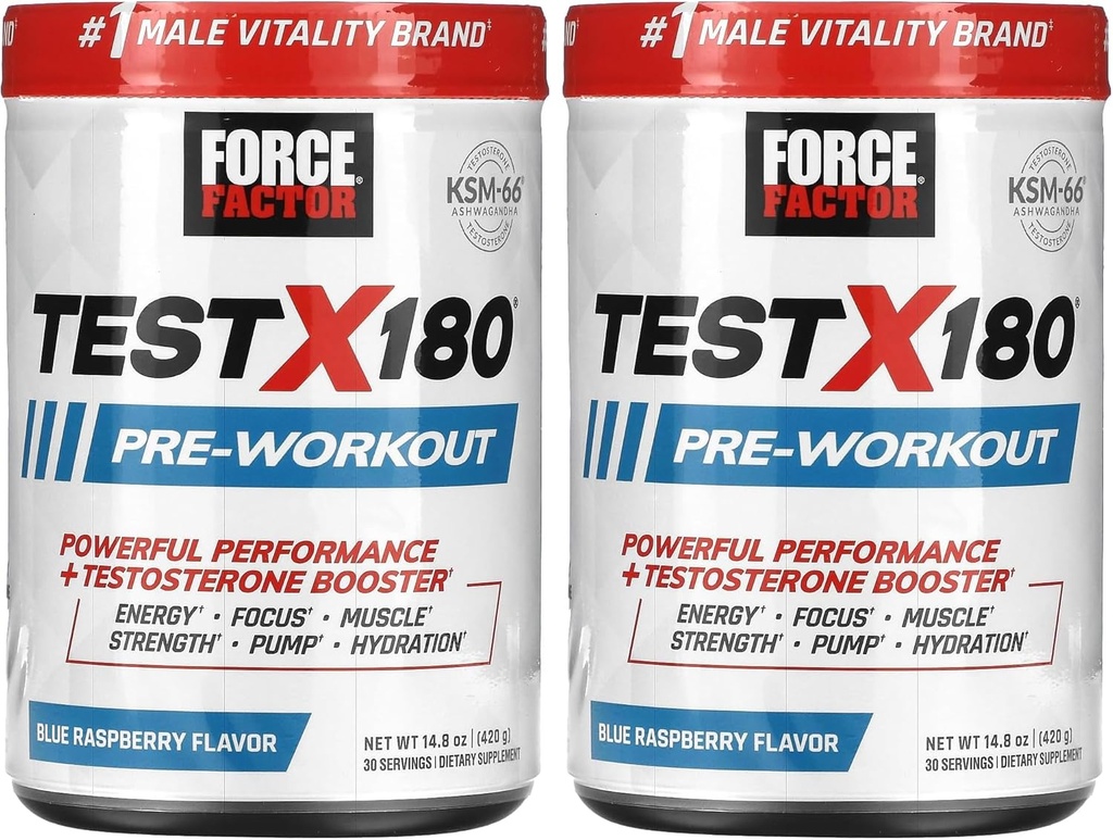 Force Factor Test X180 Pre-Workout Powder & Energy Supplement, Boost Focus & Endurance, Build Muscle & Strength, Nitric Oxide Supplement with Ashwagandaha & L-Citrulline, Blue Raspberry, 30 Servings