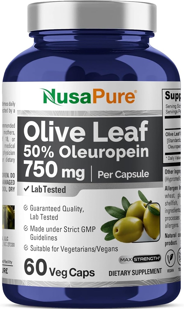 NusaPure Olive Leaf Extract 750 mg - 50% Oleuropein - Vegan and Vegetarian Non-GMO - Super Strength - No Oil - 60 Capsules