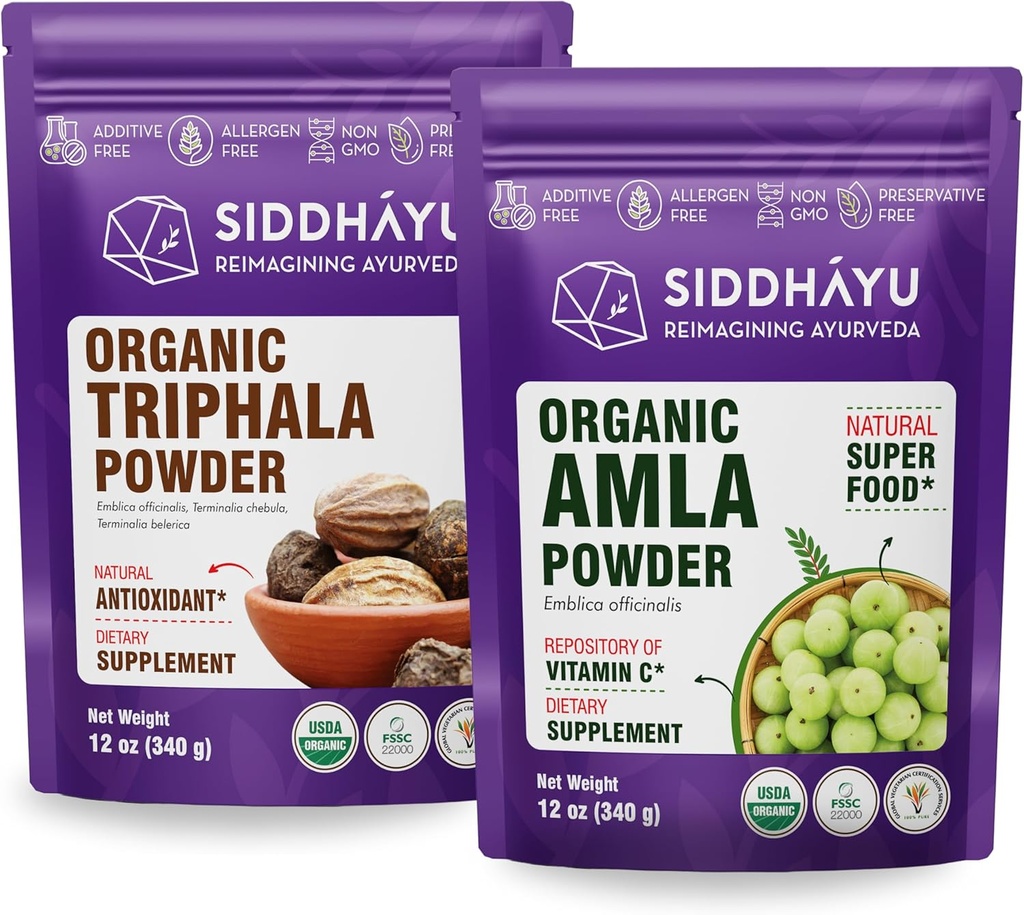 Siddhayu Organic Triphala Powder - 12 oz & Organic Amla Herbal Supplement Powder - 12 oz