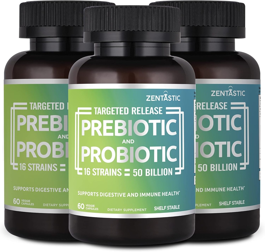 Zentastic Probiotics & Prebiotics Supplement - 50 Billion CFU - for Men & Women’s Immune & Digestive Health - 16 Strains - Shelf Stable - 180 Delayed Release Veggie Capsules