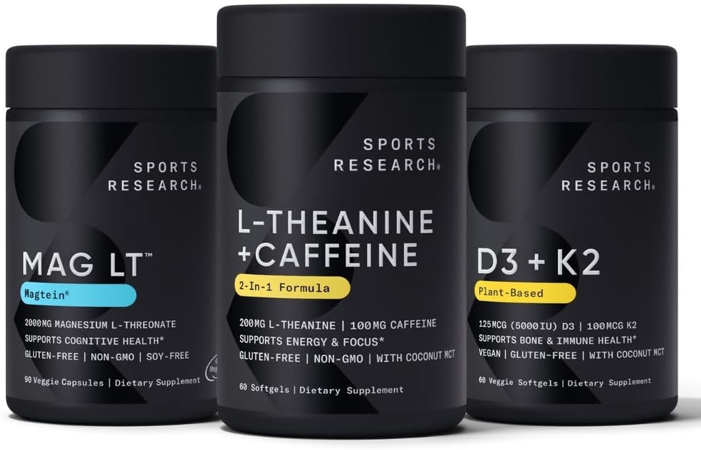 Sports Research Magtein Magnesium L-Threonate Capsules (2000mg, 90 Capsules), Vegan Vitamin D3 + K2 w/Organic Coconut Oil (5000iu VIT. D 100mcg Mk7 VIT. K, 60 Softgels) and L-Theanine (200mg, 60 ct)