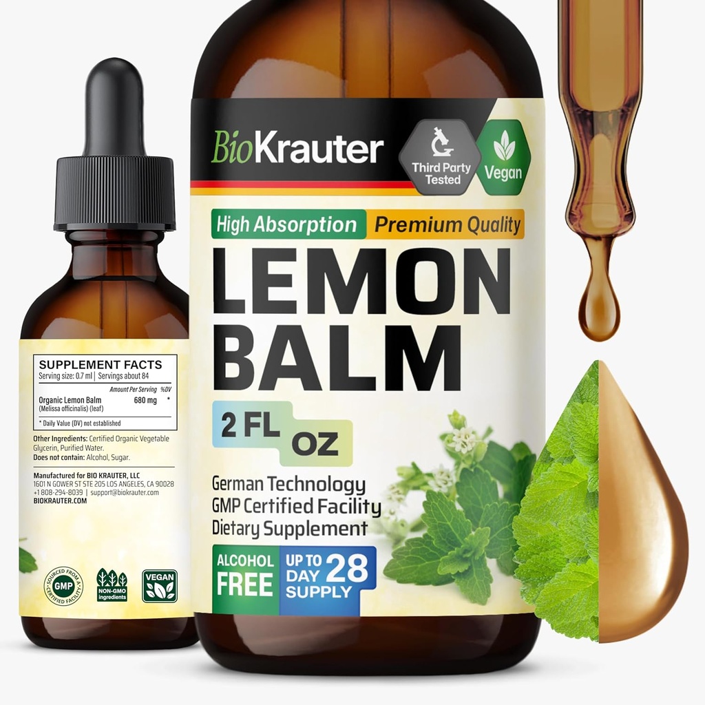 BIO KRAUTER® Lemon Balm Tincture 680 mg Melissa Officinalis - Pure Vegan Lemon Balm Extract 2 Fl.Oz 28 Days of Supply - Natural Calming & Sleep Support - Alcohol & Sugar Free - Digestion & Relaxation